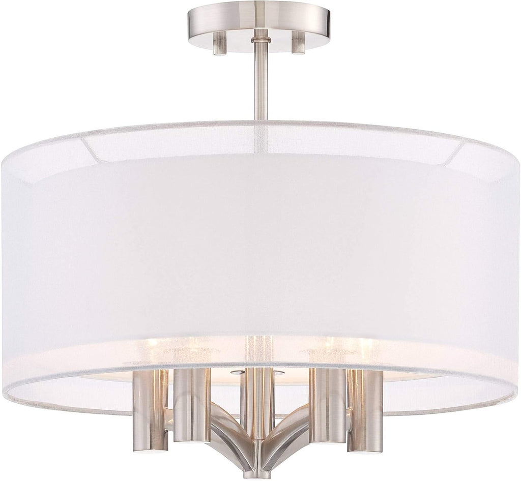 Possini Euro Design Caliari Modern Ceiling Light Semi Flush Mount Fixture Brushed Nickel 18' Wide 5-Light Sheer Silver White Linen Double Drum Shade for Bedroom Kitchen Living Room Hallway Bathroom