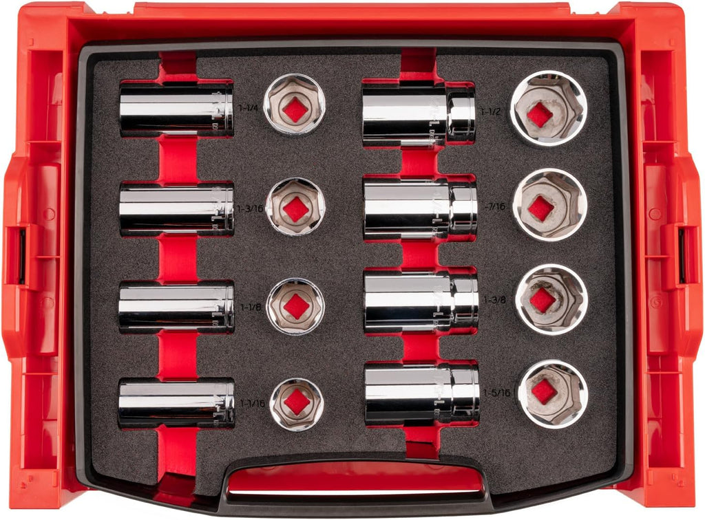 TEKTON 1/2 Inch Drive Shallow and Deep 6-Point Socket Set with Open Top Drawer and Rack, 16-Piece (1-1/16-1-1/2 in.) | SHD92701