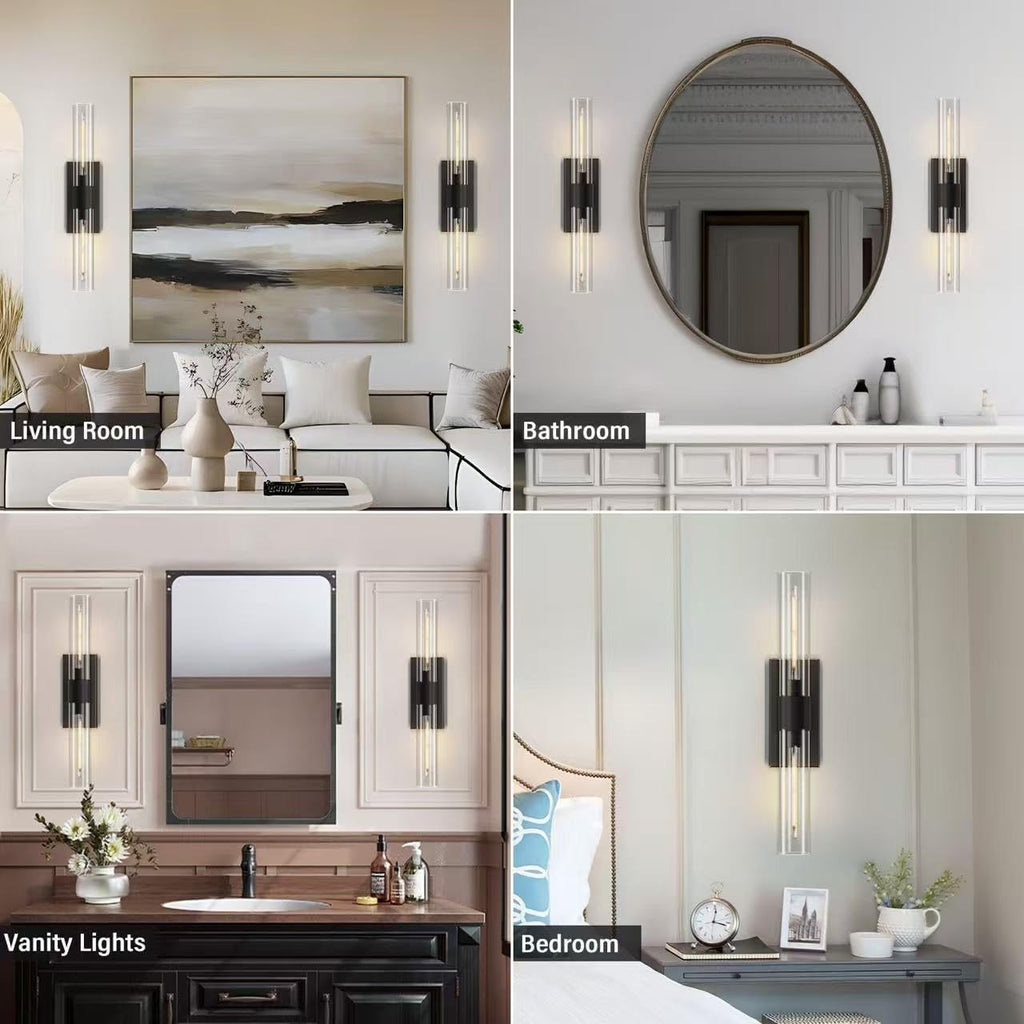 Black Wall Sconces Set of Two, Brass 22.8' Sconces Wall Lighting,Bathroom Vanity Lights with Clear Glass Shade for Mirror, Living Room, Bedroom, Hallway, Fireplace, Staircas（Including Bulb）