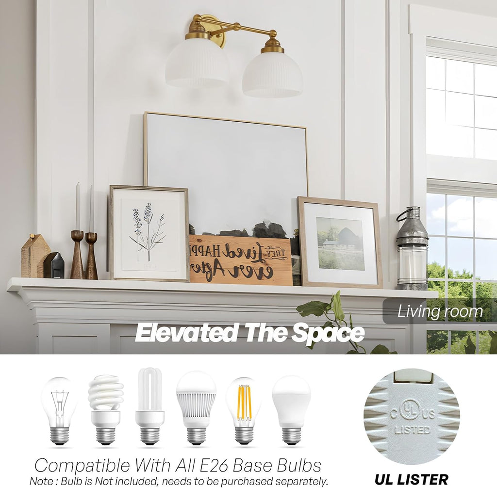 2-Lights Milk White Glass Wall Sconce Lighting Brass Finished, Double Arm Bathroom Vanity Light Fixture for Bedroom Living Room Dining Room Hallway