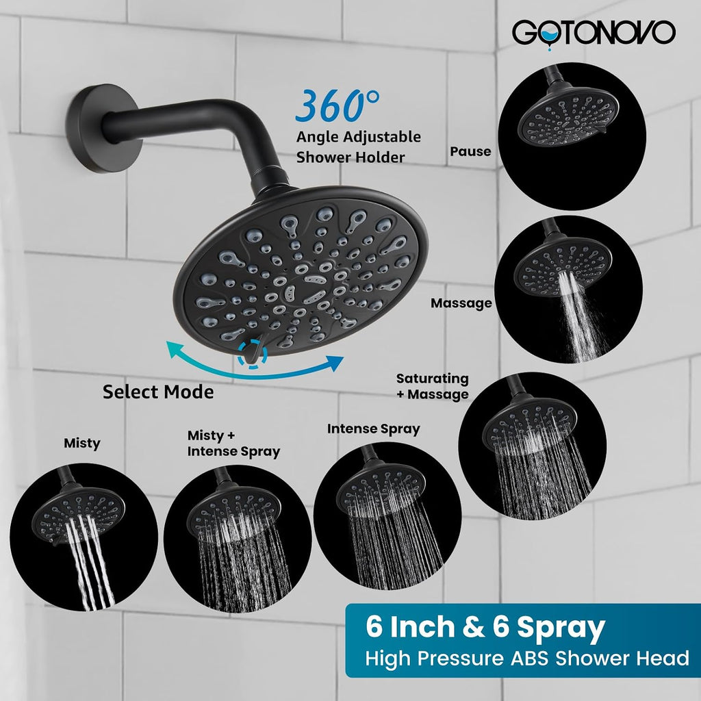gotonovo 3 Handle Tub Shower Faucet Set, Bathtub Shower Fixture,Bathroom Tub and Shower Faucet Combo Shower System Complete Tub and Shower Trim Kit with 6 Settings Showerhead Matte Black