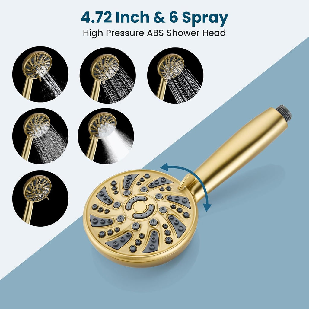 gotonovo Bathroom Shower Head Kit High Pressure Combo System Shower Faucet 6 Modes ABS Handheld Spray Shower Trim Kit Valve Included Shower Head and Handle Set Brushed Gold