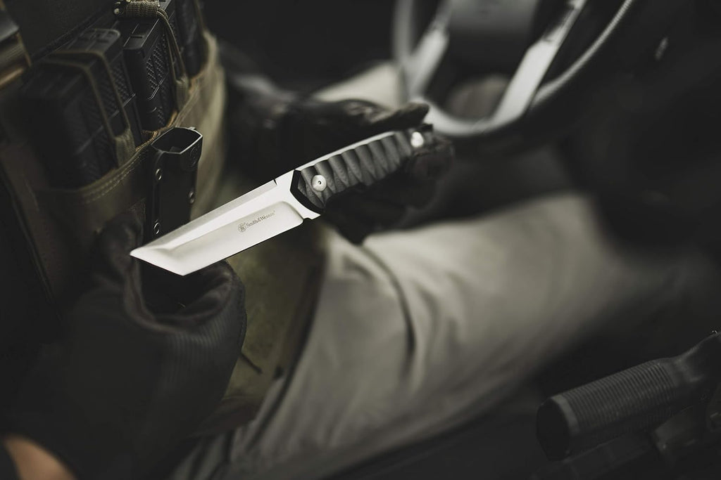 Smith & Wesson 24/7 8.5in S.S. Full Tang Fixed Blade Knife with 4in Tanto Blade and G10 Handle with Rigid Sheath for Outdoor, Tactical, Survival and EDC,Black