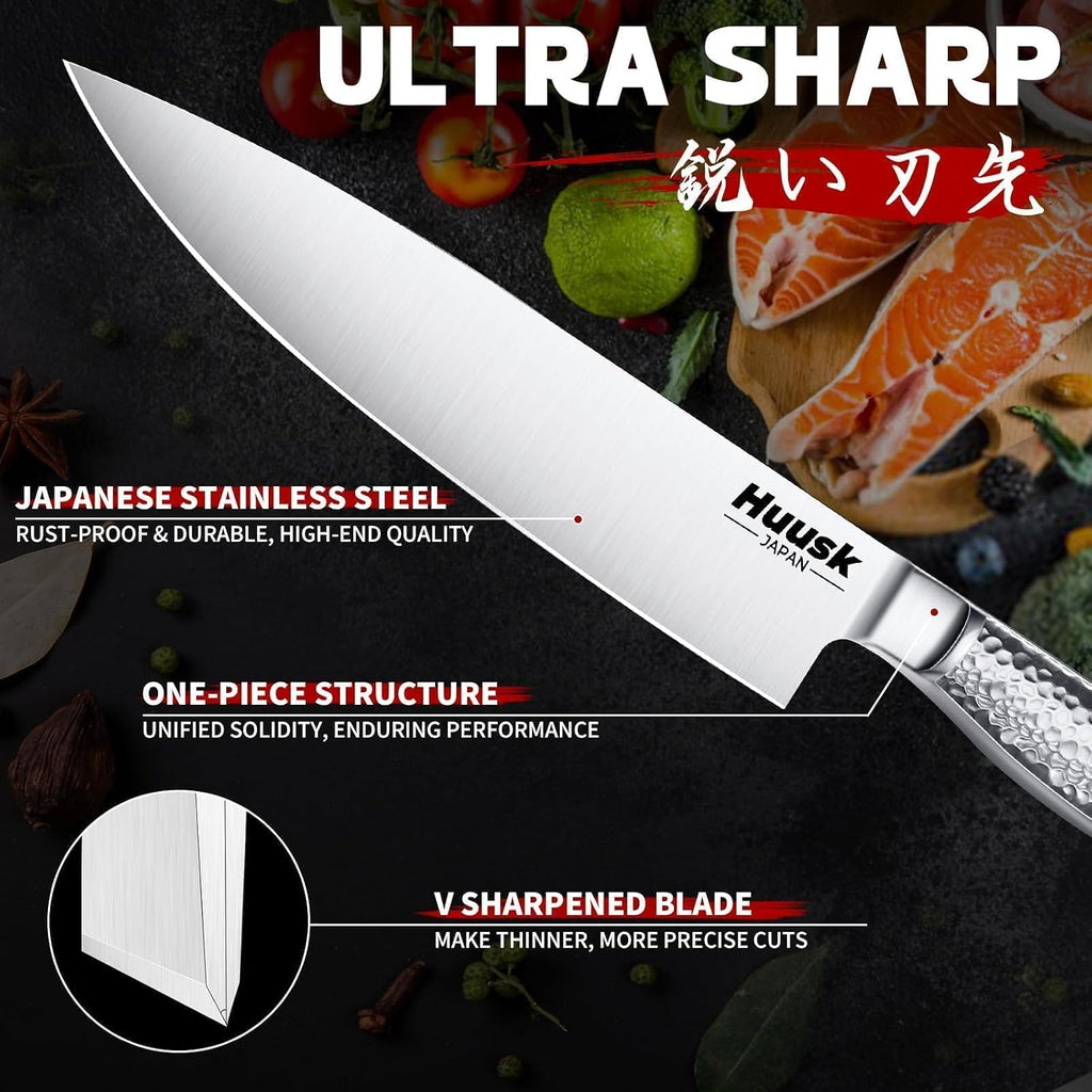 Huusk Kitchen Knife Set with Block & Built-in Sharpener - 15pcs Japanese Stainless Steel Knife Block Set - Sharp Professional Chef Sets for Kitchen - Home-warming Gift for Men