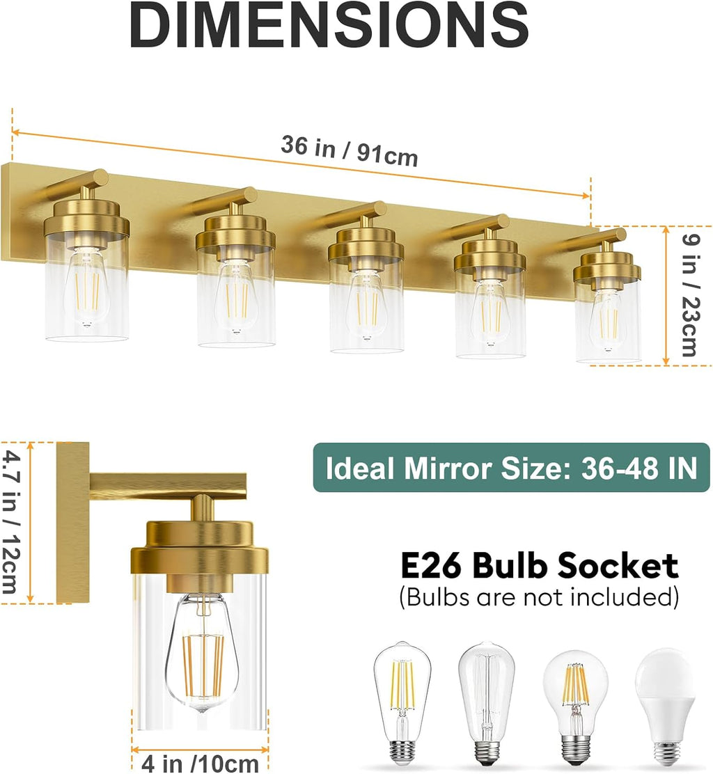 IZORRO Bathroom Vanity Light Fixture, 5-Light 36 Inch Gold Bathroom Light Fixtures Over Mirror, with Clear Glass Shade, Modern Farmhouse Vanity Lights, Rustic Restroom Lighting Fixtures