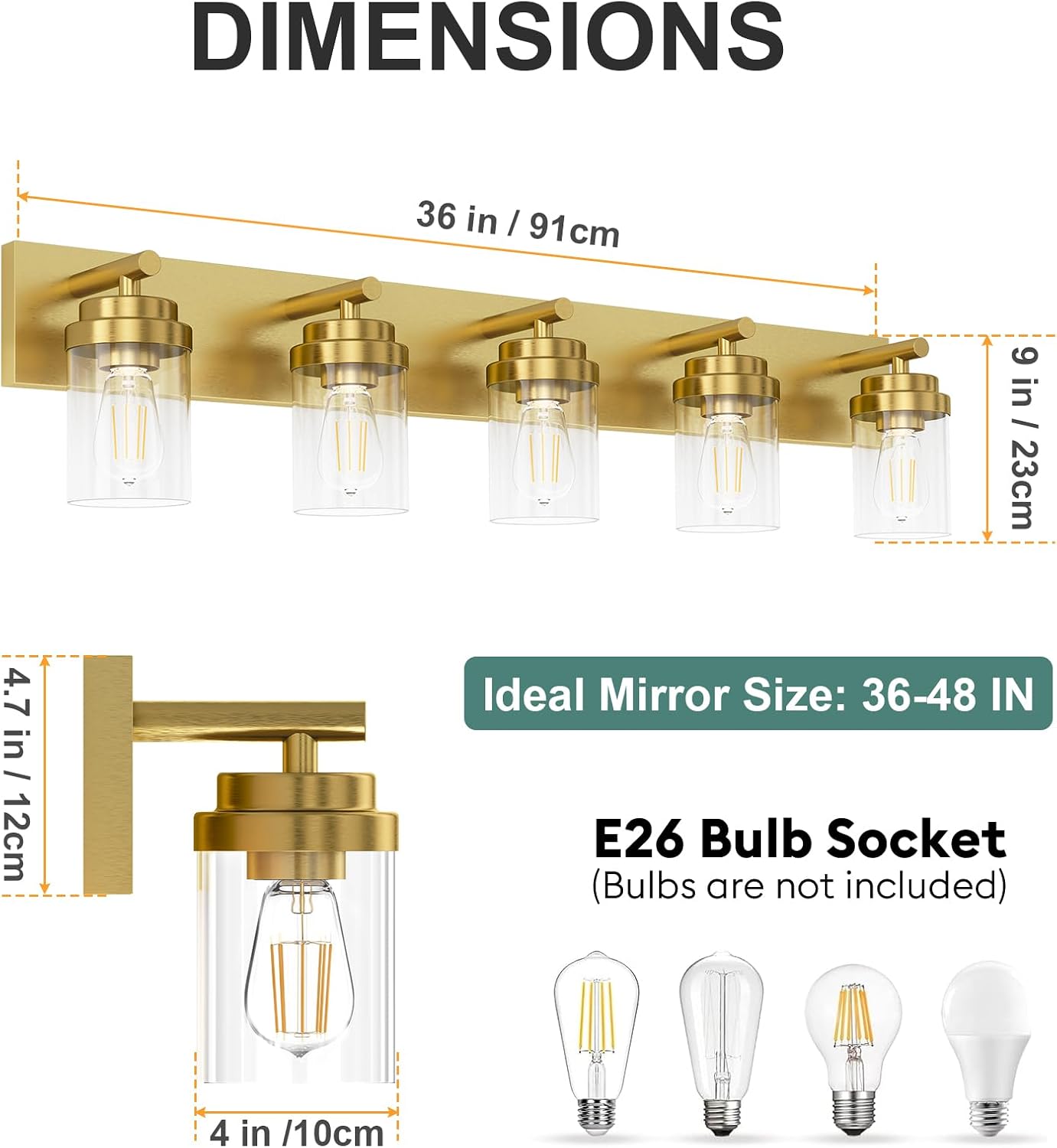 IZORRO Bathroom Vanity Light Fixture, 5-Light 36 Inch Gold Bathroom Light Fixtures Over Mirror, with Clear Glass Shade, Modern Farmhouse Vanity Lights, Rustic Restroom Lighting Fixtures