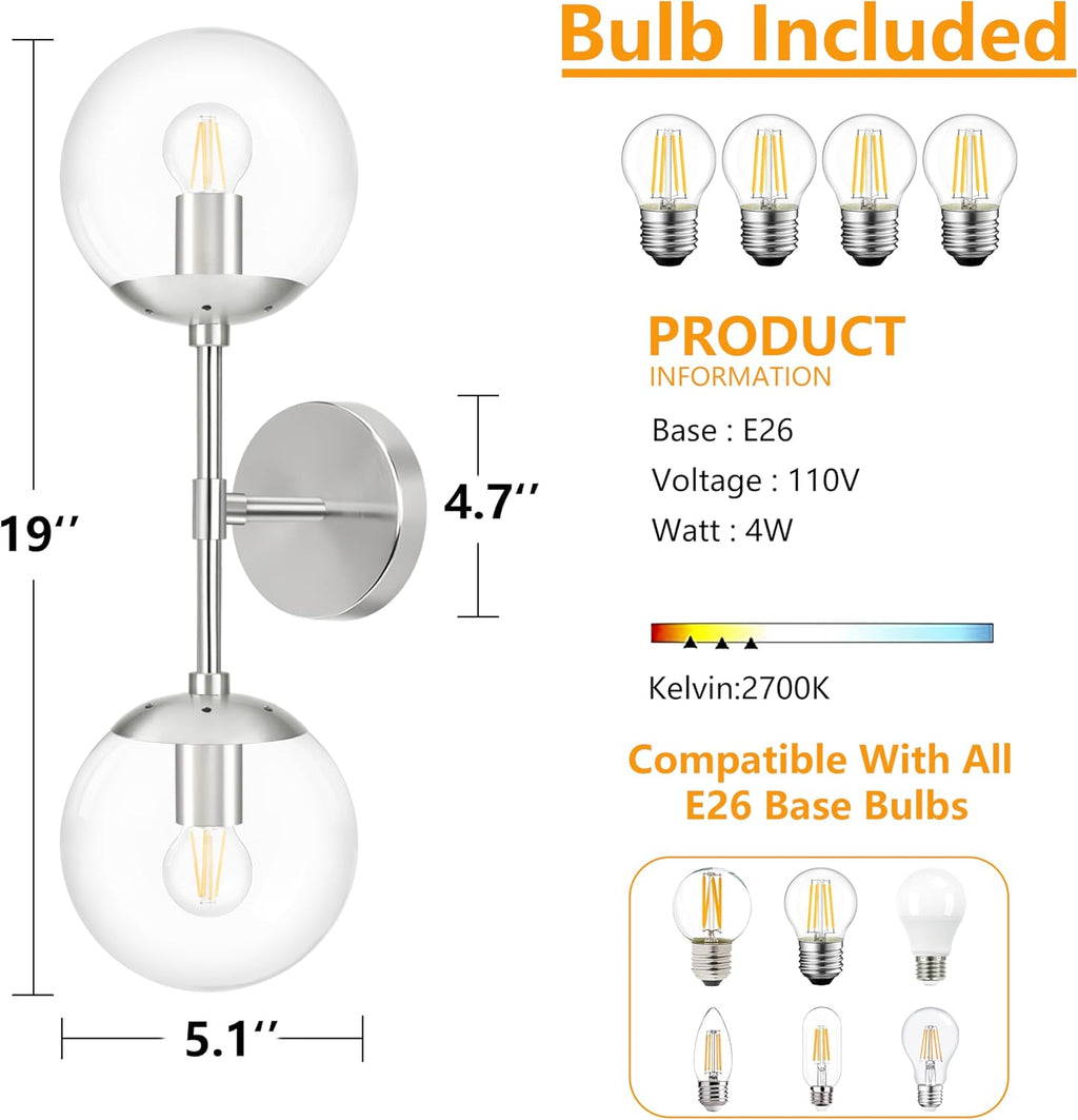 KoKo&Yukina Nickel 2 Pack Vanity Light Fixtures Mid Century Modern Bathroom Vanity Light Globe Sconce with Clear Glass for Bathroom Bedroom