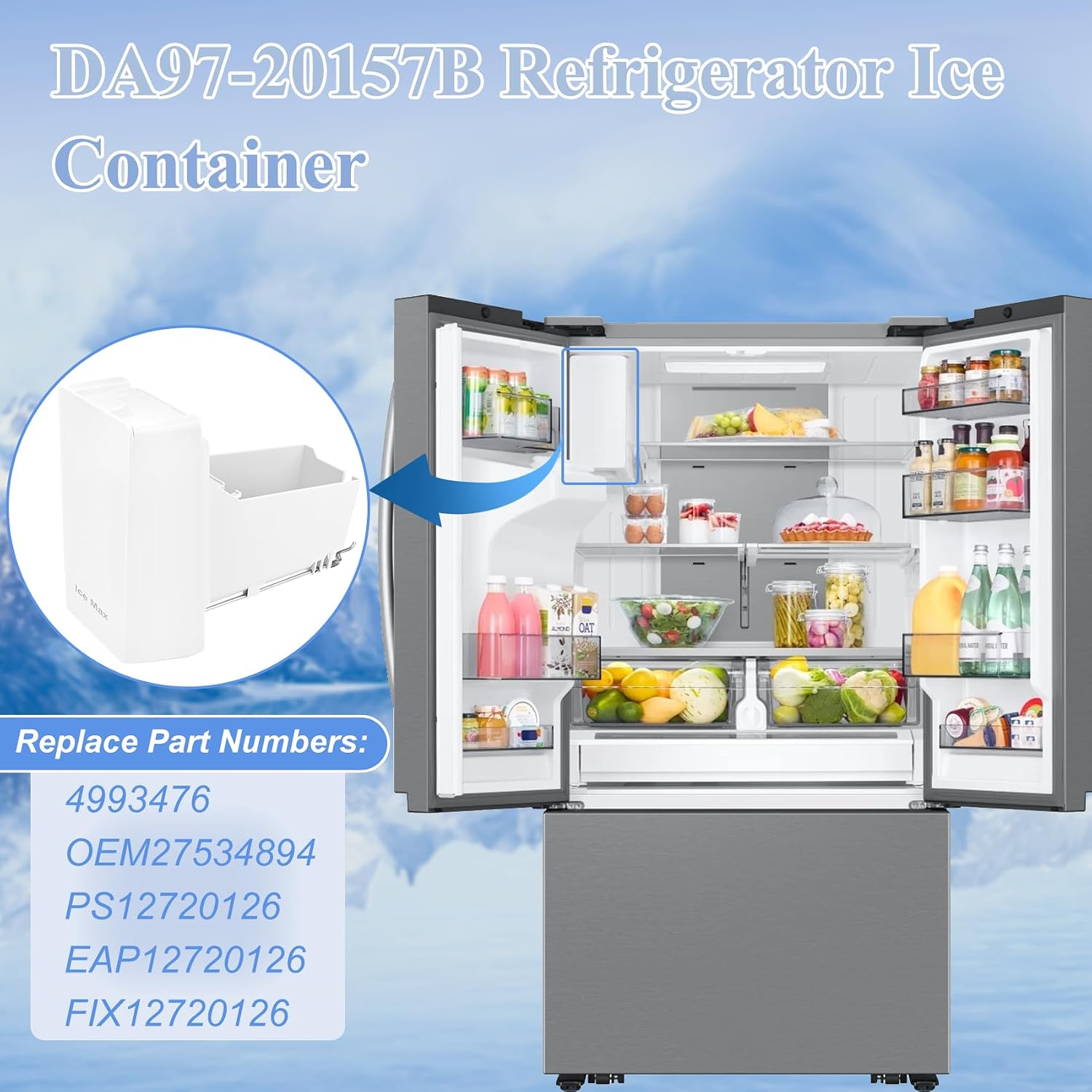DA97-20157B, DA97-20157A Refrigerator Ice Bucket Compatible with Samsung RF22R7351SG, RF24R7201SR, RF27CG5400SR, etc Series Refrigerators Ice Container, Part Number: 4993476, PS12720126, etc