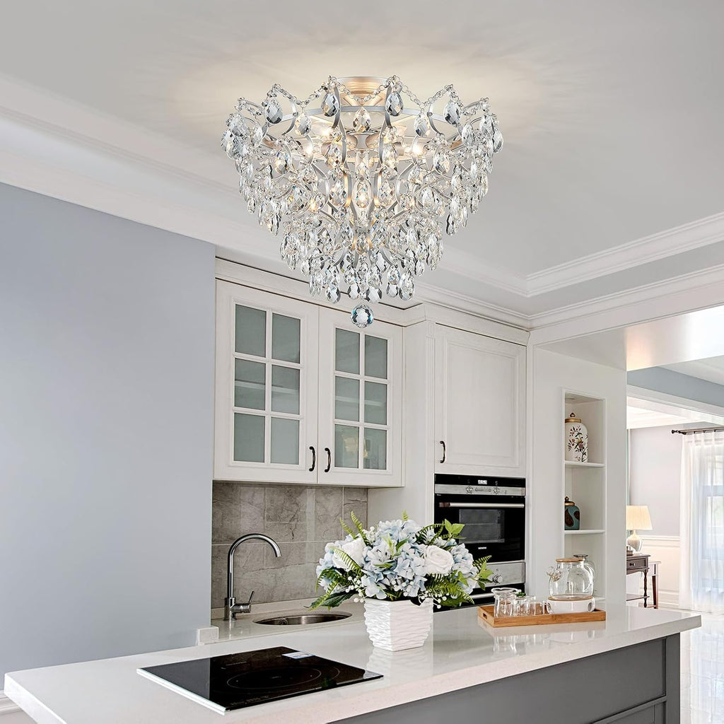 WUZUPS 6-Light Crystal Chandelier Ceiling Light Modern Lighting Fixture for Bedroom Hallway Bar Kitchen Bathroom, H 15.6' W 20.1', E12 Base, Silver