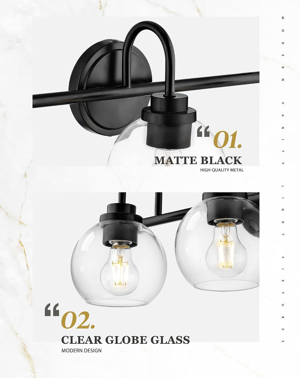 Bathroom Light Fixtures, 5-Light Matte Black Vanity Lights with Globe Clear Glass, 35 Inch Modern Vanity Lighting Fixtures Over Mirror, AD-22280-5W-BK