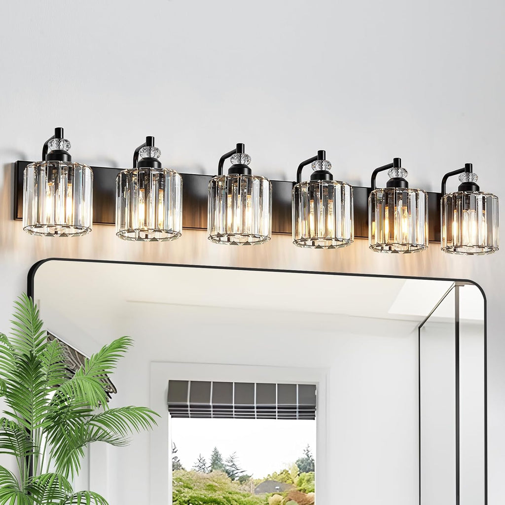 6-Light Black Bathroom Light Fixtures Over Mirror Modern Vanity Lights Crystal Wall Sconce Vintage Bathroom Lighting with Crystal Shade E26 Base for Bedroom, Living Room, Hallway