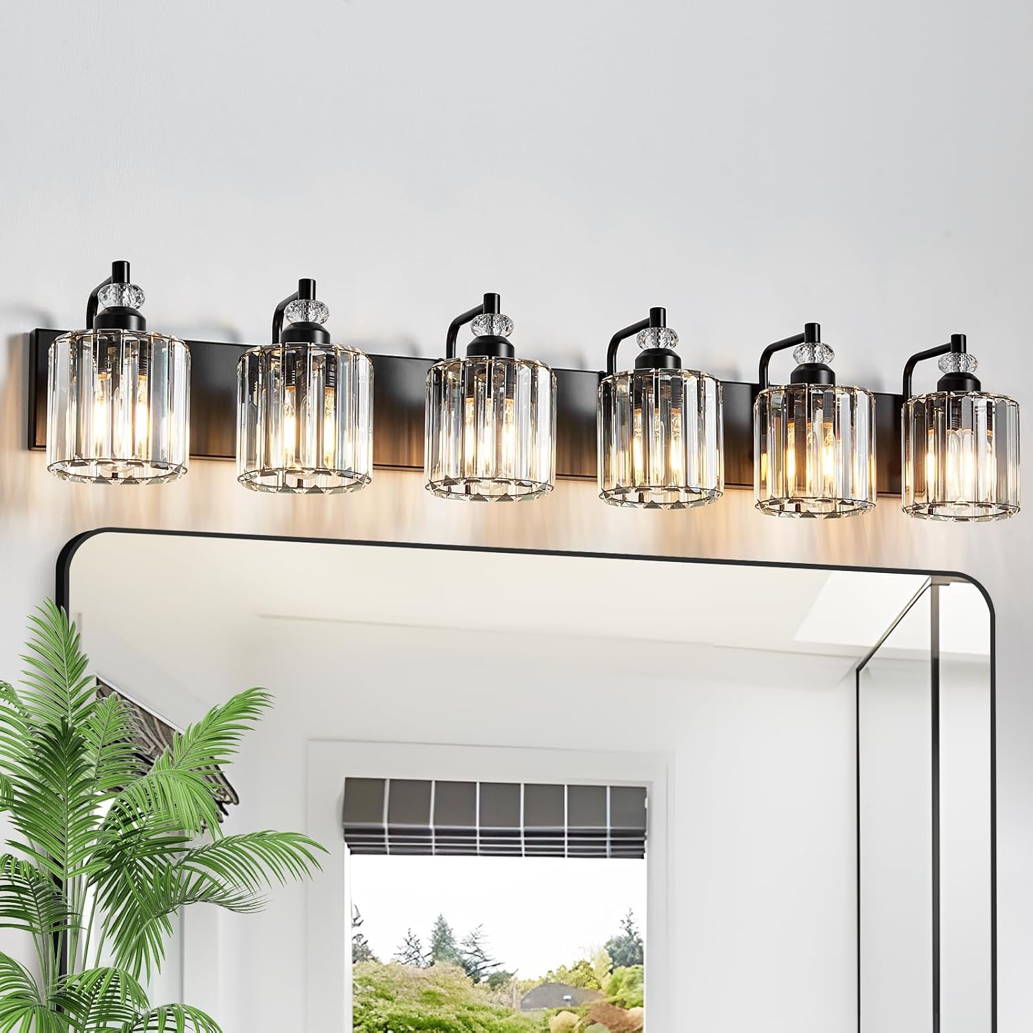 6-Light Black Bathroom Light Fixtures Over Mirror Modern Vanity Lights Crystal Wall Sconce Vintage Bathroom Lighting with Crystal Shade E26 Base for Bedroom, Living Room, Hallway