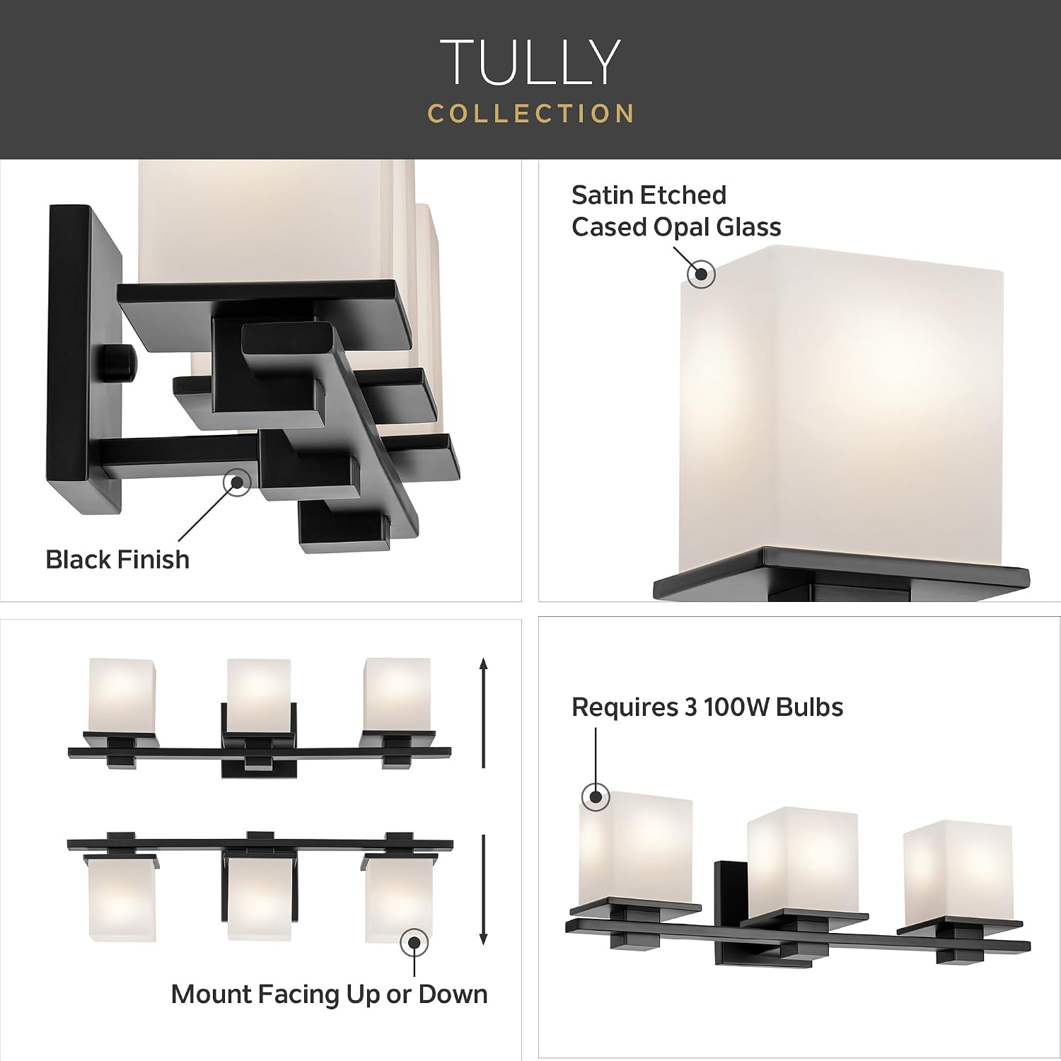 Kichler Tully 32' 4-Light Bathroom Vanity Light Fixture with Satin Etched Cased Opal Glass in Black for Over Mirror, Modern Wall Mount Lighting (32' x 6.5' x 7'), 45152BK