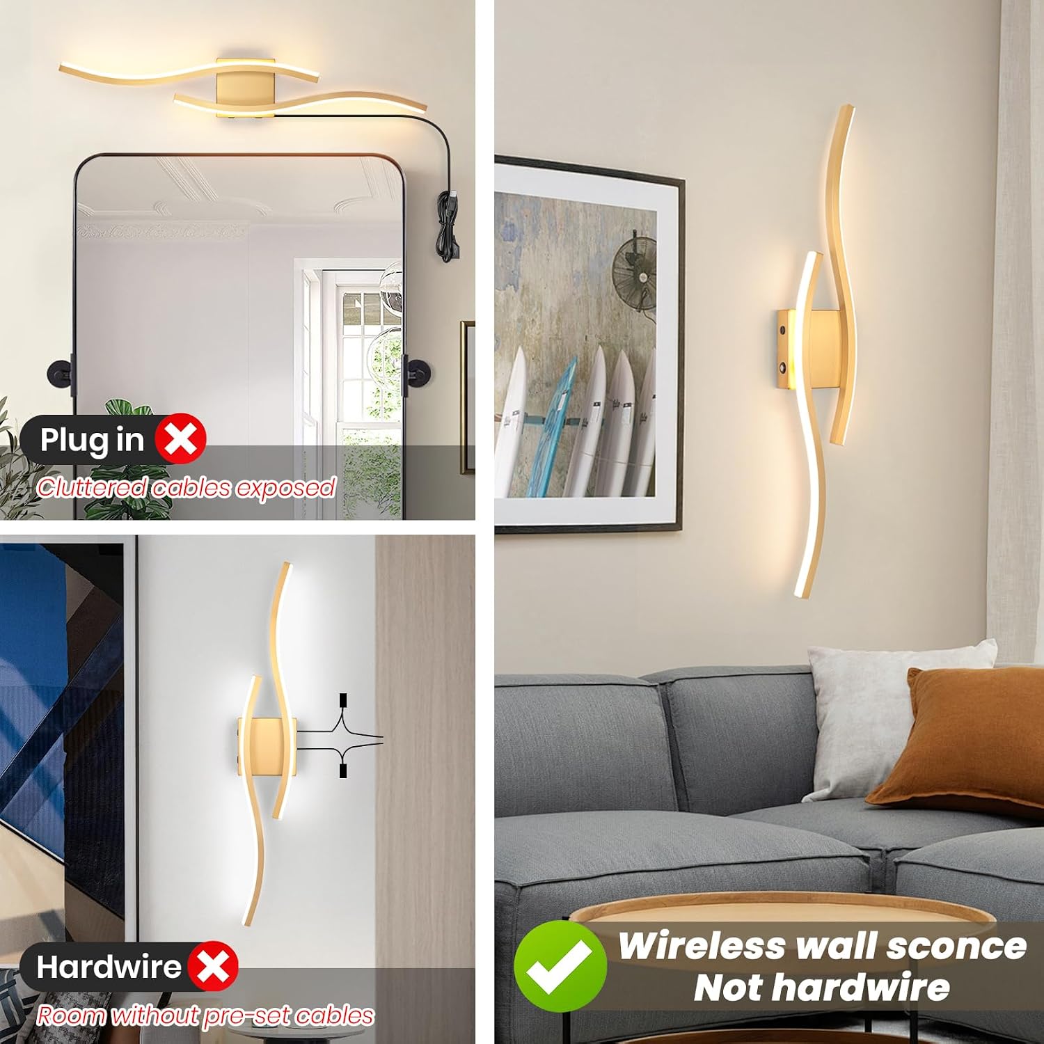 Modern LED Wall Sconce Set of Two, Battery Powered Wall Sconces Set of 2 with Timer, Gold Wall Light with Remote, LED Wall Lamp Indoor not Hardwired for Bathroom Living Room Bedroom Corridor