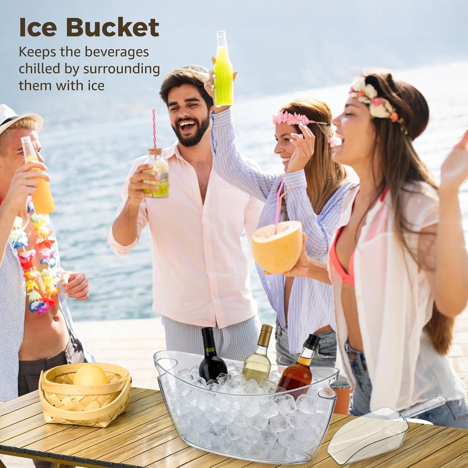 2 Pc Ice Bucket And Beverage Tub Set, 5.5L, Transparent Plastic, Boat Design, Includes Ice Shovel, For Parties And Home