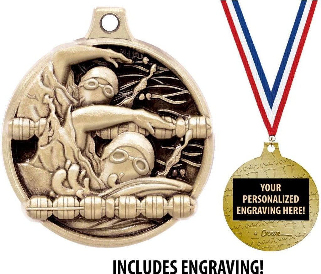 Swim Medals - 1 1/2' Gold Swimming Medals, Great Kids Swim Awards with Custom Engraving