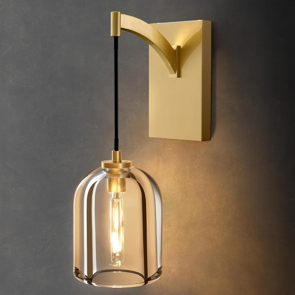 Crystal Brass Hemisphere Wall Sconce - Gold Brushed Dimmable Sconces with Bulbs - Modern Hanging Light Decor - Luxury Indoor Lighting Fixture for Bedroom Living Room Bathroom Vanity Hallway