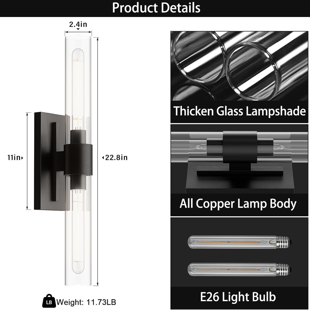 Black Wall Sconces Set of Two, Brass 22.8' Sconces Wall Lighting,Bathroom Vanity Lights with Clear Glass Shade for Mirror, Living Room, Bedroom, Hallway, Fireplace, Staircas（Including Bulb）