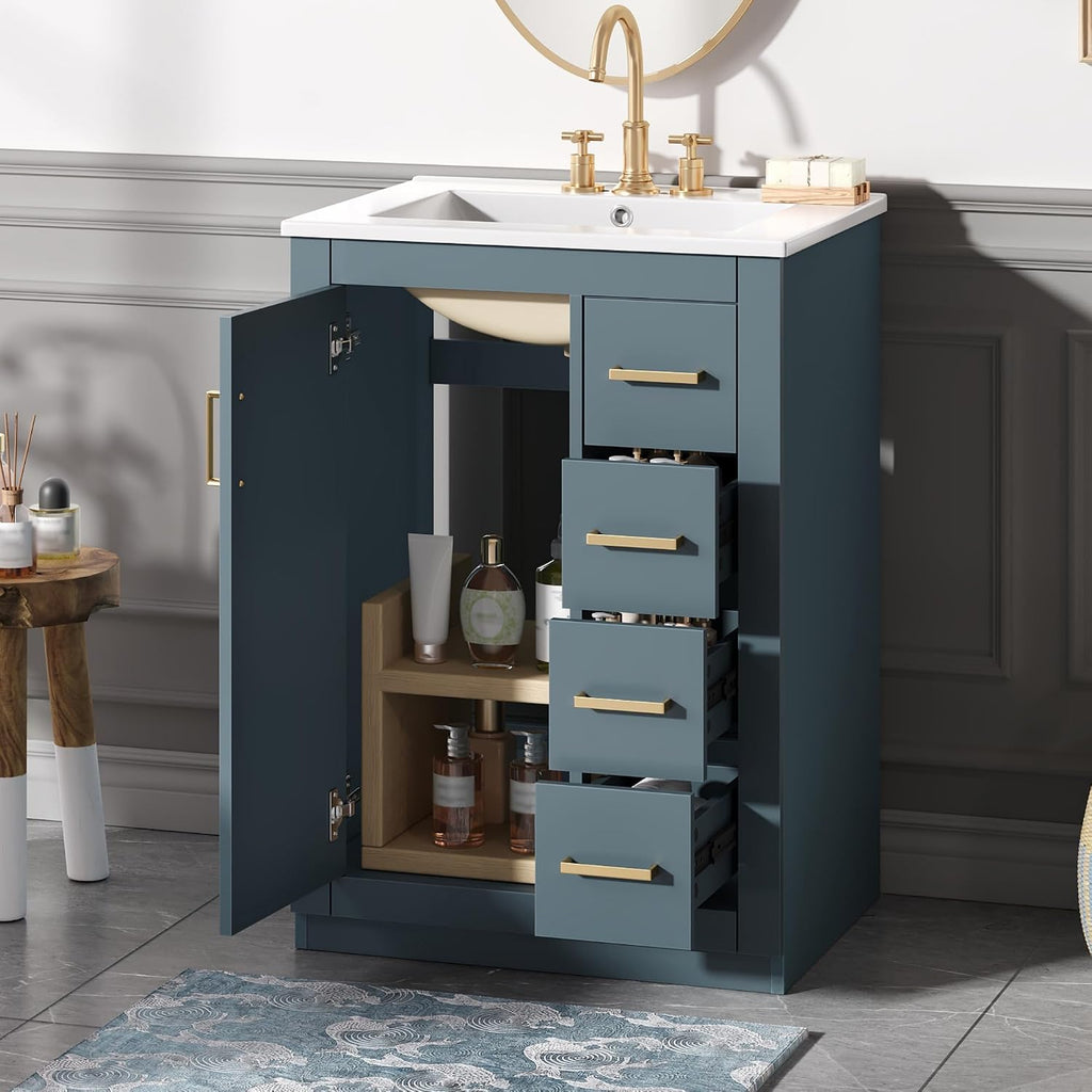 24 Inch Dark Blue Bathroom Vanity with Sink & Integrated Countertop,Modern Freestanding Bathroom Vanity with Single Sink,Gold Handles & Right Hand 3 Drawers,Soft Closing Door,Herringbone Front
