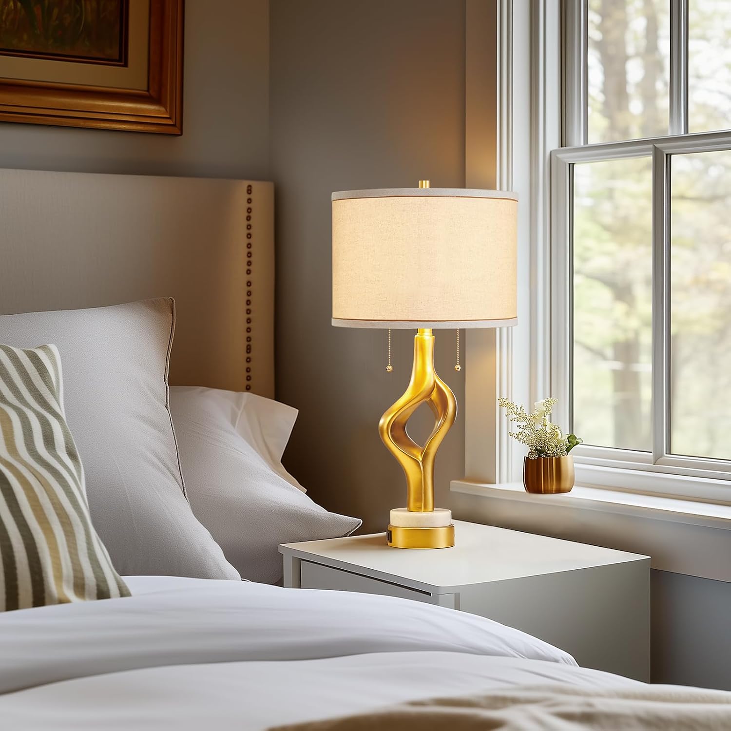 26' Modern Table Lamp Set of 2 for Living Room Bedroom, Gold Sculptural Table Lamp with 2 USB Ports, Resin Desk Lamps Marble Base with Double Pull Chains for Bedside End Tables, Bulb Included
