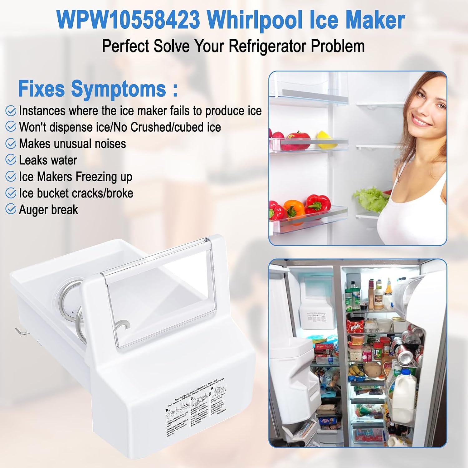Upgraded WPW10558423 Refrigerator Ice Bucket Compatible with Whirlpool Ice Maker Replacement W10558423 Whirlpool Ice Bucket Ice Bin WRS325FDAM04, WRS315SDHM08, WRS325SDHZ, WRS315SDHZ Ice Maker Tray