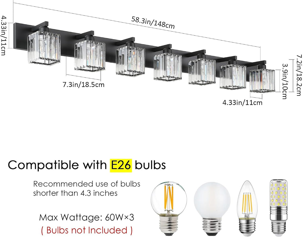 Aipsun Black Vanity Light Crystal Bathroom Lighting Fixtures Modern Bathroom Vanity Light 7 Light (Exclude Bulb)