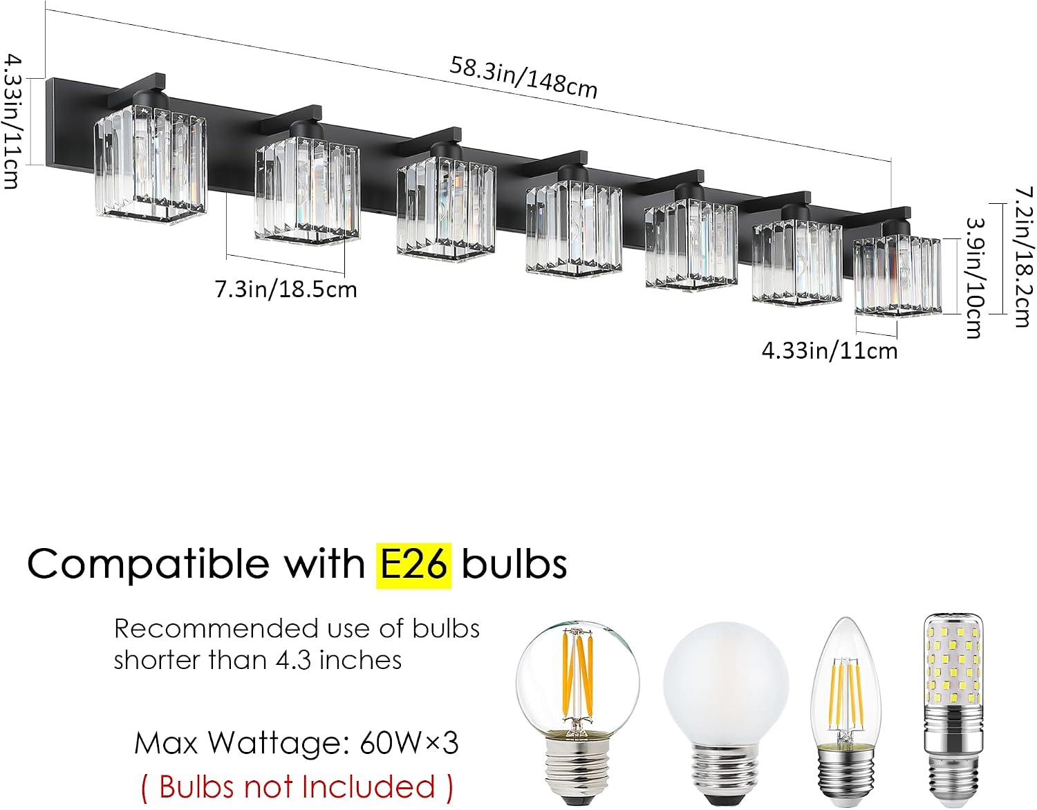 Aipsun Black Vanity Light Crystal Bathroom Lighting Fixtures Modern Bathroom Vanity Light 7 Light (Exclude Bulb)