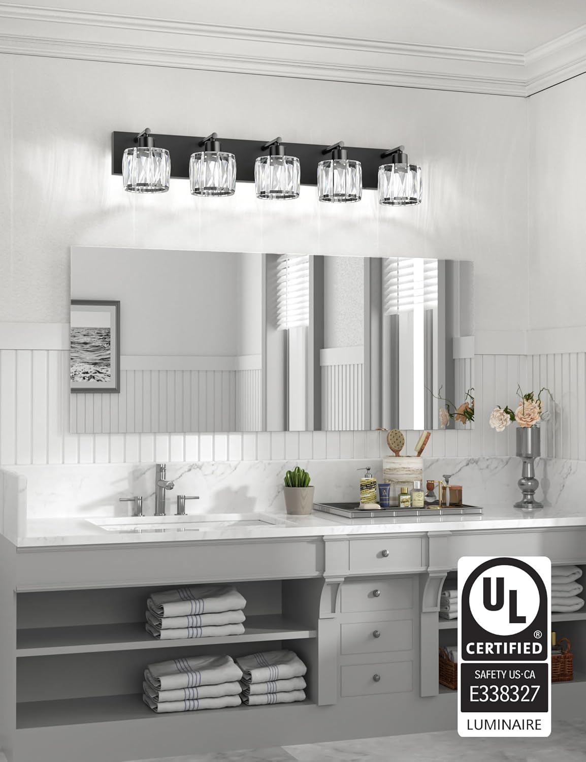 VOLISUN Crystal Vanity Lights for Bathrooms, 5 Light Bathroom Vanity Light, Modern Matte Black Bathroom Light Over Mirror, Black Bathrooms Lights Fixtures-UL Certificated(Exclude Bulb)