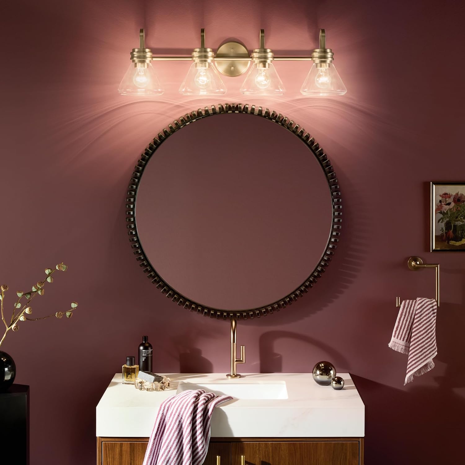 Kichler Farum 34' 4-Light Bathroom Vanity Light Fixture with Clear Glass in Champagne Bronze for Single or Double Vanity, Modern Lighting Fixture (34' x 9.5' x 9.5'), 55156CPZCLR