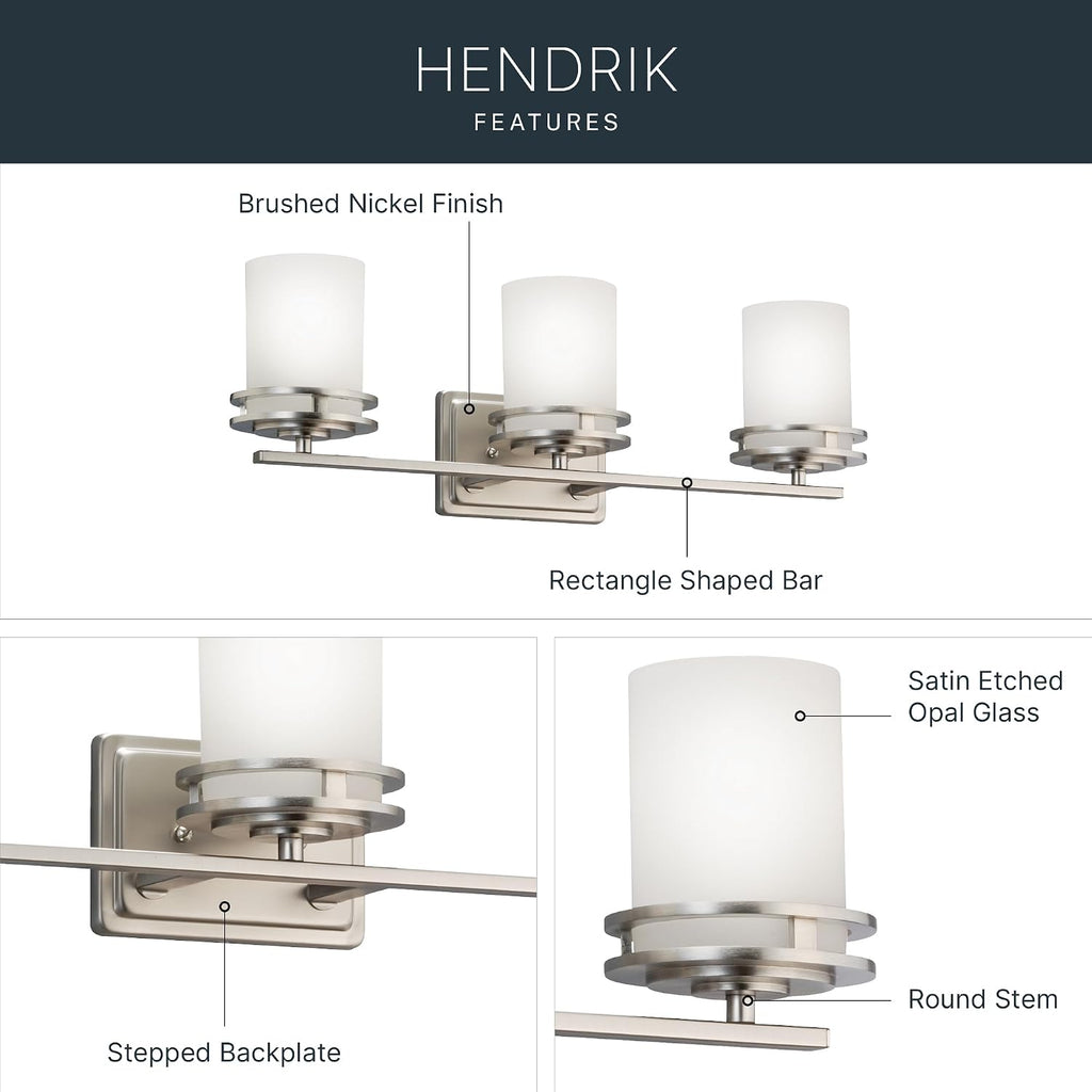 Kichler Hendrik 24' Vanity Light in Brushed Nickel, 3-Light Modern Bathroom Vanity with Satin Etched Cased Opal Glass, (24' W x 8' H), 5078NI