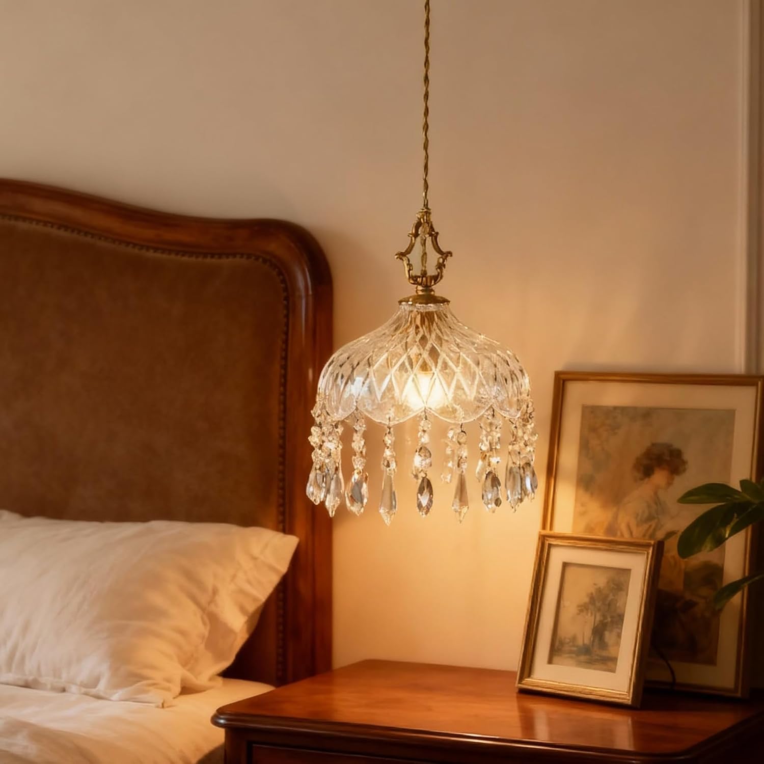 Vintage Crystal Small Pendant Lights Kitchen Island, Adjustable Cord Length 0.5' to 70', Dia7.87 Glass Shade Light Fixture,Brass Hanging Light, Chandelier for Bedroom (2-Pack，Hard-Wired