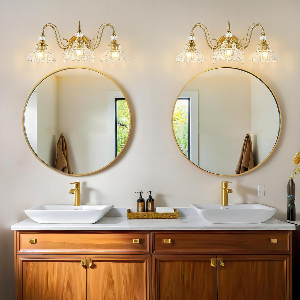 Vintage Bathroom Vanity Light, 3-Light Brushed Gold Finish Wall Sconce with Hanging Crystal Accents and Flower-Shaped Clear Glass Shades, Retro Wall Mount Vanity Light Over Mirror for Bathroom