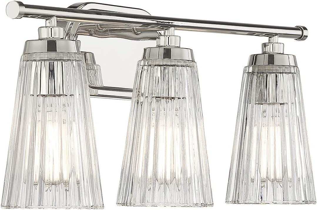Savoy House 8-1745-3-109 Chantilly Vintage Traditional Clear Ribbed Glass Bathroom Vanity Wall Light, 3-Light 180 Total Watts, 10' H x 22' W, Polished Nickel