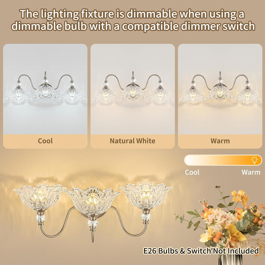 Brushed Nickel 3-Light Bathroom Vanity Light with Floral Clear Glass Shades, Brushed Nickel Wall Mount Lighting for Bathroom, Dressing Table