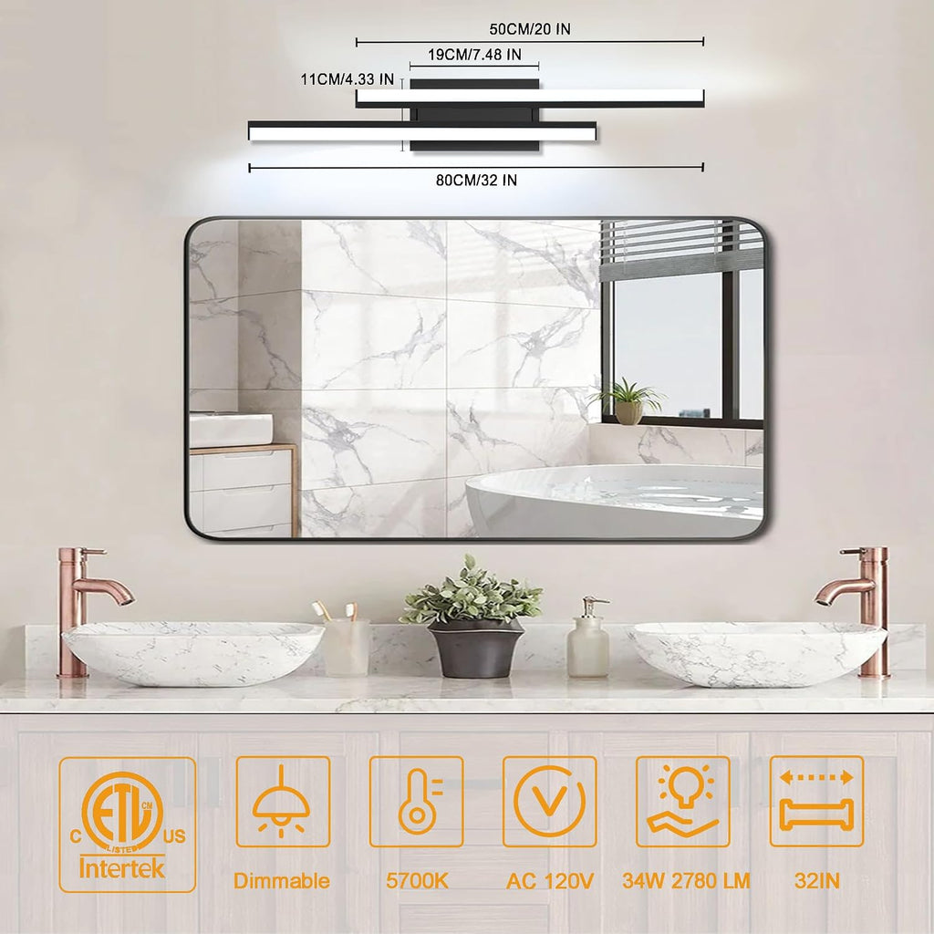 32 in Retractable Bathroom Vanity Light-ETL Certificated 5700K Bathroom Light Bar Vanity for Mirror-34W 2 Pack