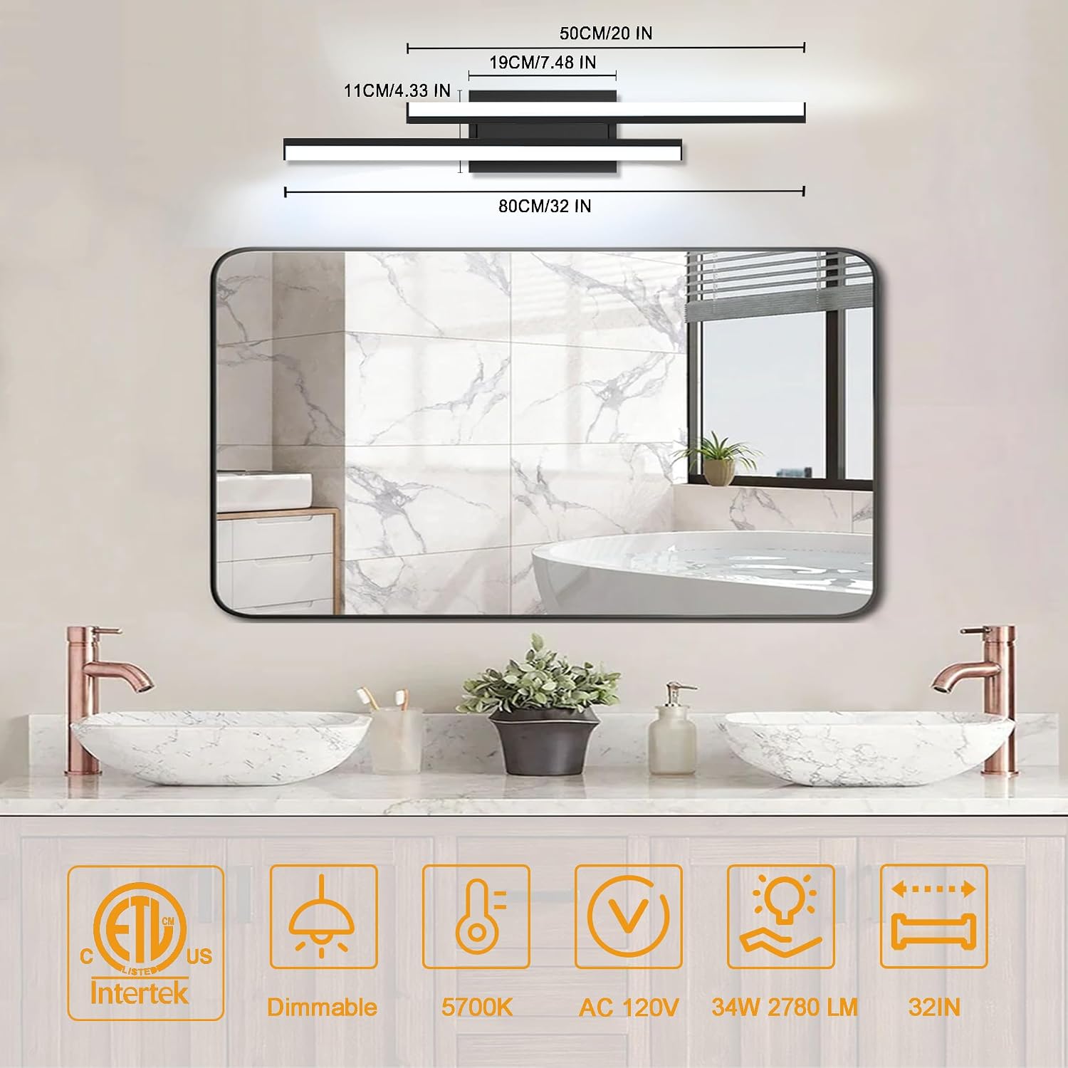 32 in Retractable Bathroom Vanity Light-ETL Certificated 5700K Bathroom Light Bar Vanity for Mirror-34W 2 Pack