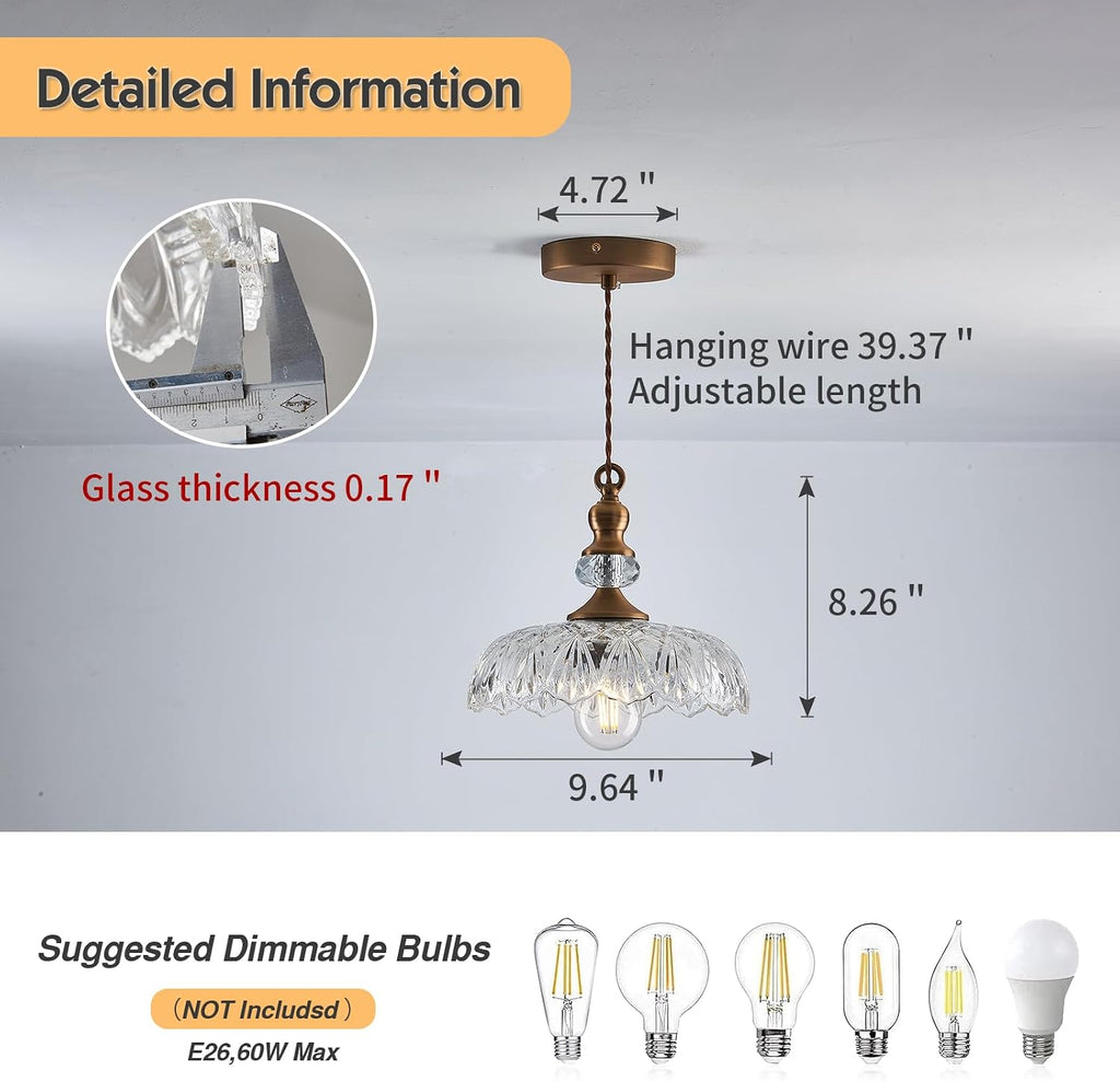 CVKASH Vintage Glass Pendant Light Fixture 3-Pack Brass Modern Adjustable Chandelier Farmhouse Hanging Ceiling Light for Hallway Porch Kitchen Bedroom Coffee Shop Dining Room