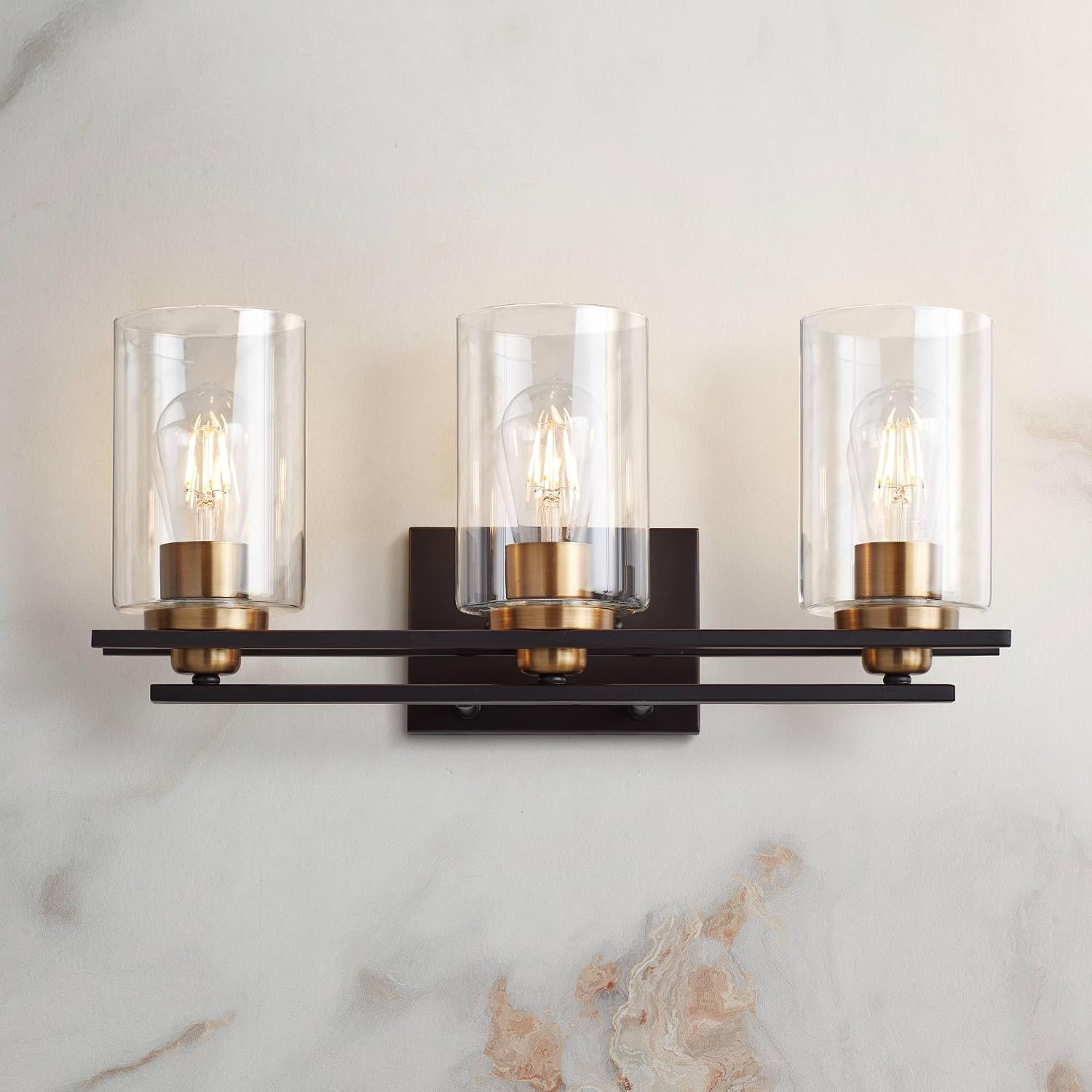 Possini Euro Design Demy Vintage Industrial Wall Mount Light Oil Rubbed Bronze Gold Hardwired 20' Wide 3-Light Fixture Clear Glass Cylinder Shade for Bathroom Vanity Mirror House Home Room Decor