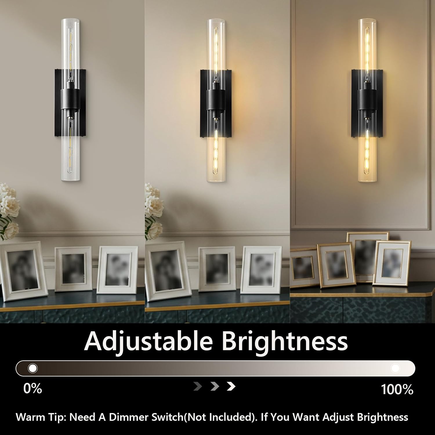 22.8' Bathroom Sconces Set of 2 – Modern Linear Hardwired Wall Sconce with Clear Glass Tube, Horizontal or Vertical Mount, for Bathroom Mirror, Bedroom & Living Room, Bulb Included