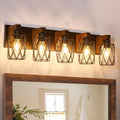 5-Light Farmhouse Bathroom Vanity Light, Wood Bathroom Lighting Fixtures Over Mirror, Black Vanity Light Fixtures with Cage Metal Shade, Rustic Bathroom Light with E26 Base