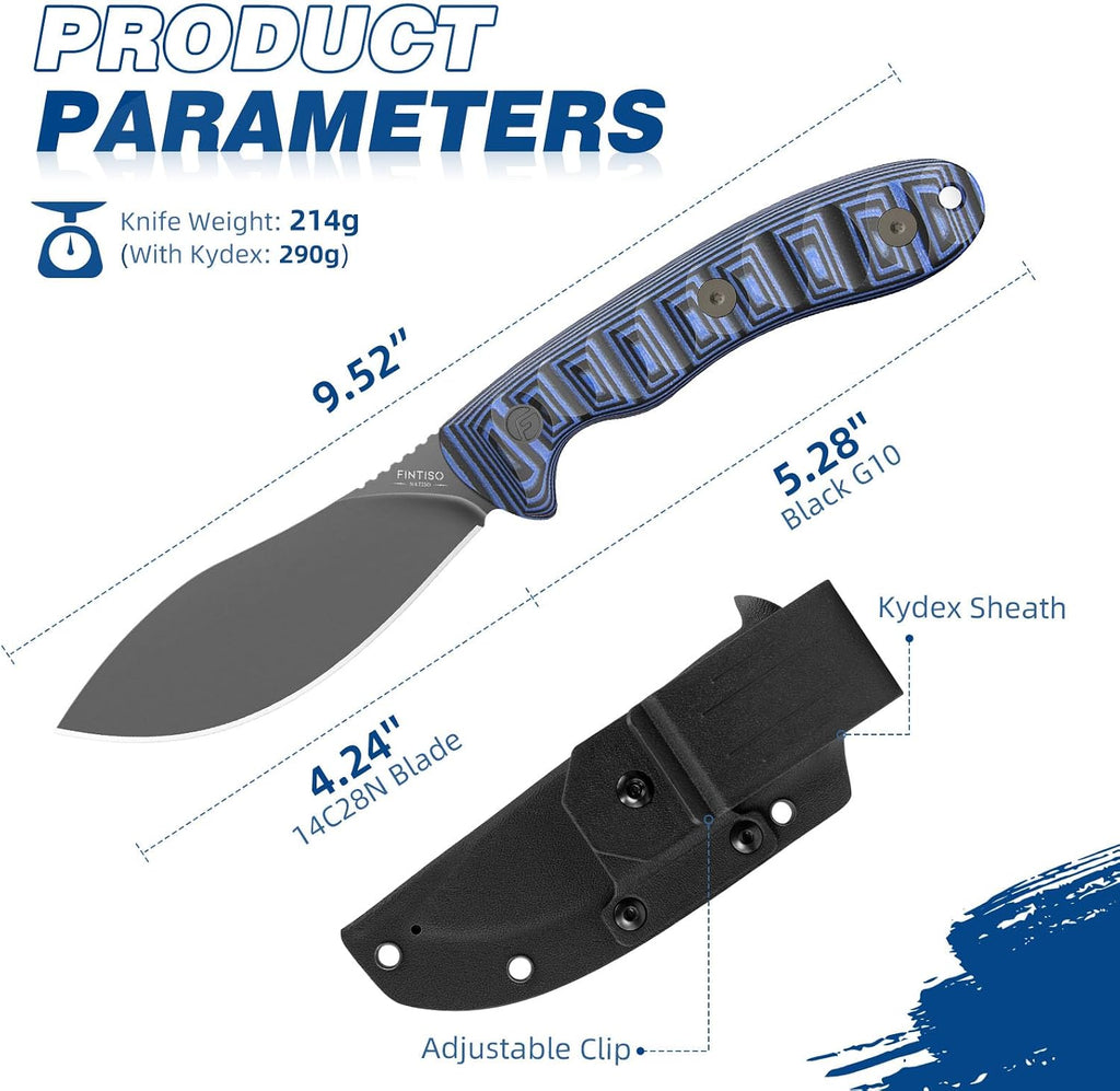 FINTISO Nazar Fixed Blade Knife with Kydex Sheath, 4.24' 14C28N Blade Blue & Black G10 Handles, Titanium-coated, Full Tang Design, Lanyard, for Men Outdoor Activities, Camping, Hiking, EDC Carry.