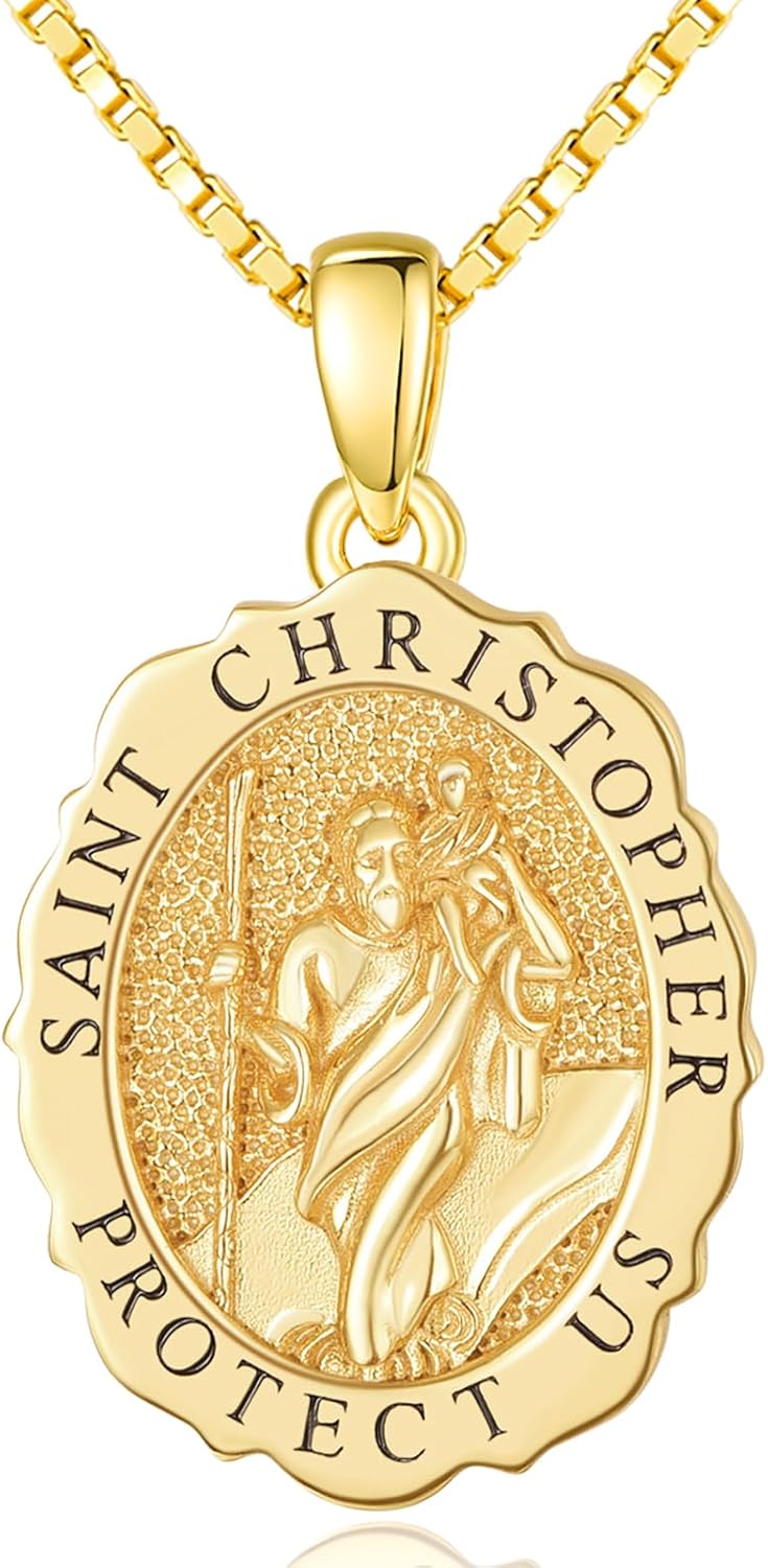 14K Gold Saint Medal Necklace for Women, Catholic Patron Saint Pendant Necklace, Christian Religious Jewelry Gift for Confirmation Baptism Communion Christmas Birthday