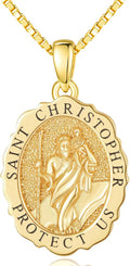 14K Gold Saint Medal Necklace for Women, Catholic Patron Saint Pendant Necklace, Christian Religious Jewelry Gift for Confirmation Baptism Communion Christmas Birthday
