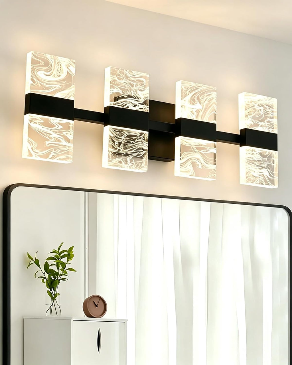 Black LED 3000K Bathroom Light Fixture, Modern 4-Lights Vanity Lighting with Smoke Acrylic Shades, Wall Lamp Over Mirror for Kitchen Bedroom Dress Table (Integrated Led Chips Included)