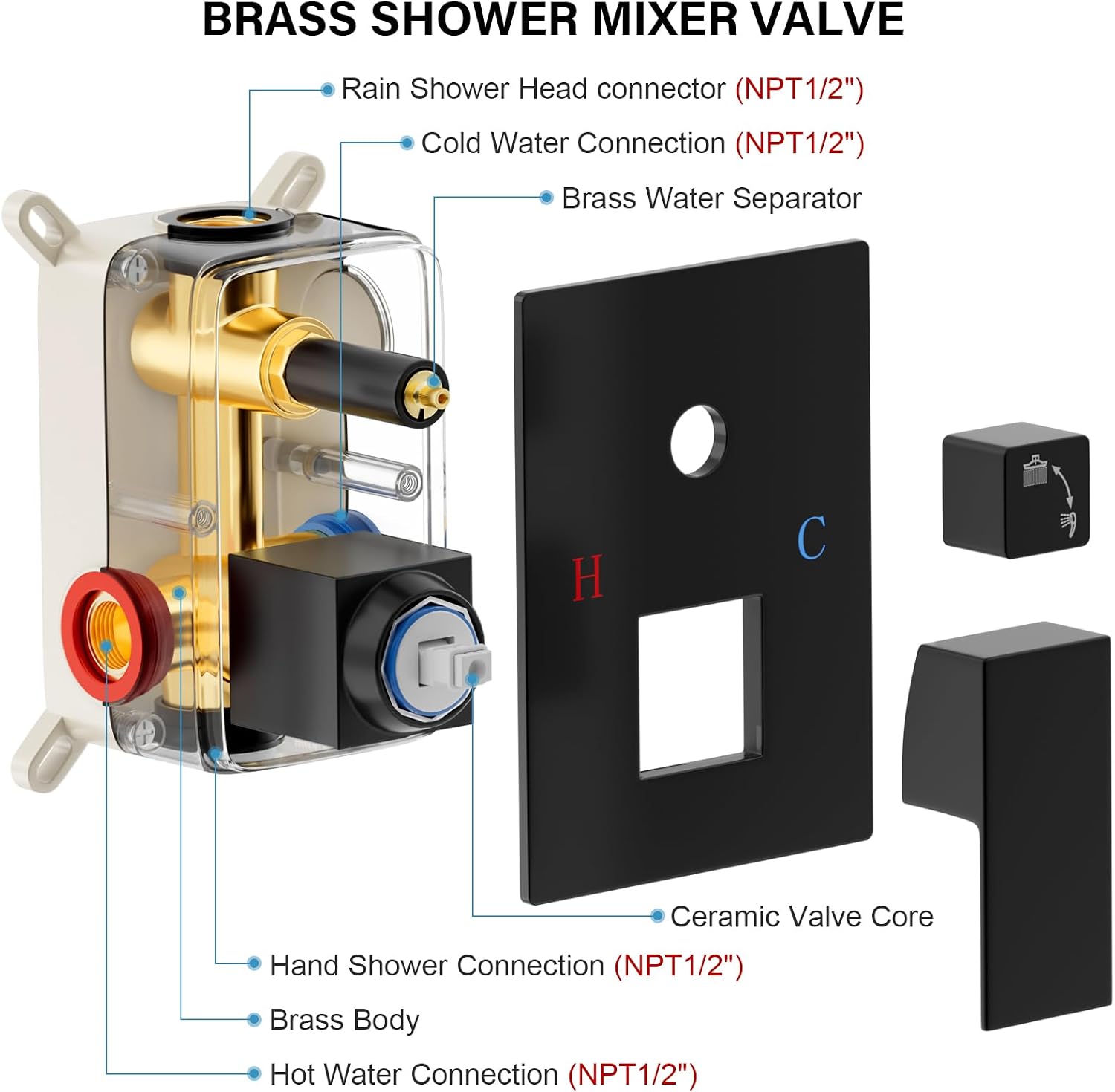 FPXRNG Shower Faucet Set Rainfall Shower System with Square Shower Head and Handle Set Rough-in Valve and Metal Trim Kit Included Matte Black 16 Inch Wall Mounted Shower Fixtures