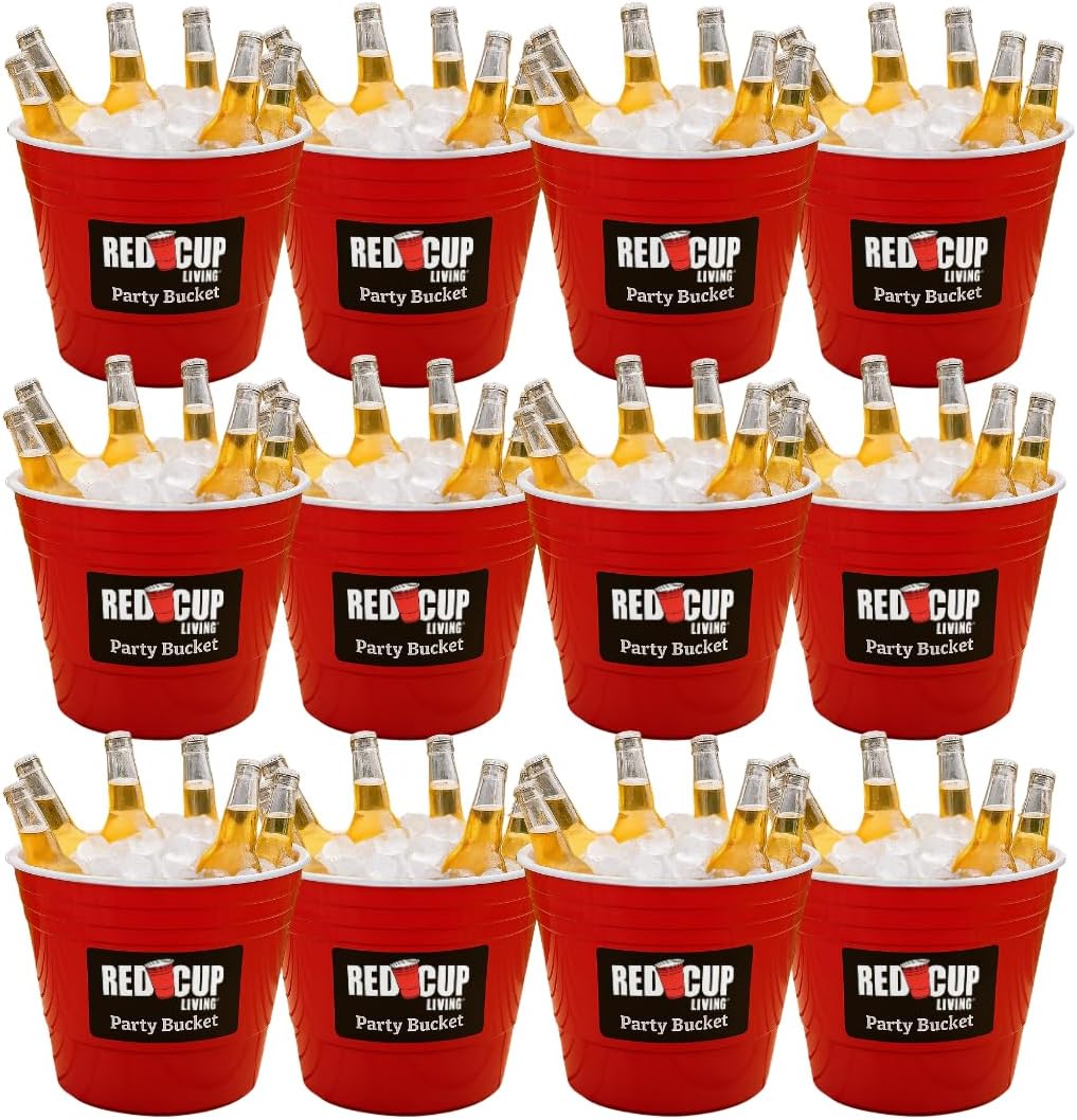 Reusable Red Plastic Ice Bucket for Parties - Large Beverage Tub, Wine Cooler, Beer Bucket, Drink Holder for Indoor/Outdoor Bars, Galvanized Tubs, Party Celebration, 201 Oz (Pack of 12)