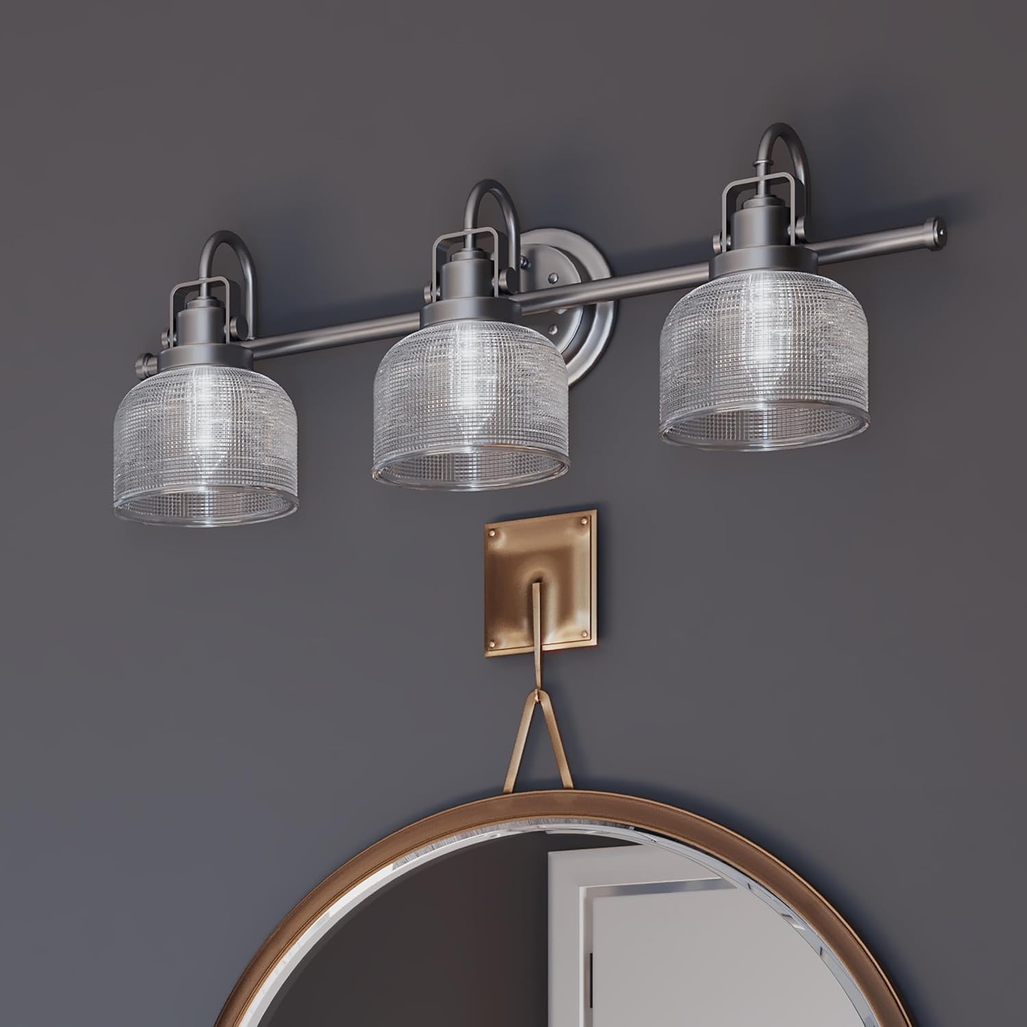 Progress Lighting P2992-81 Archie Collection Clear Double Prismatic Glass Coastal Bath Vanity, 3-Light, Antique Nickel
