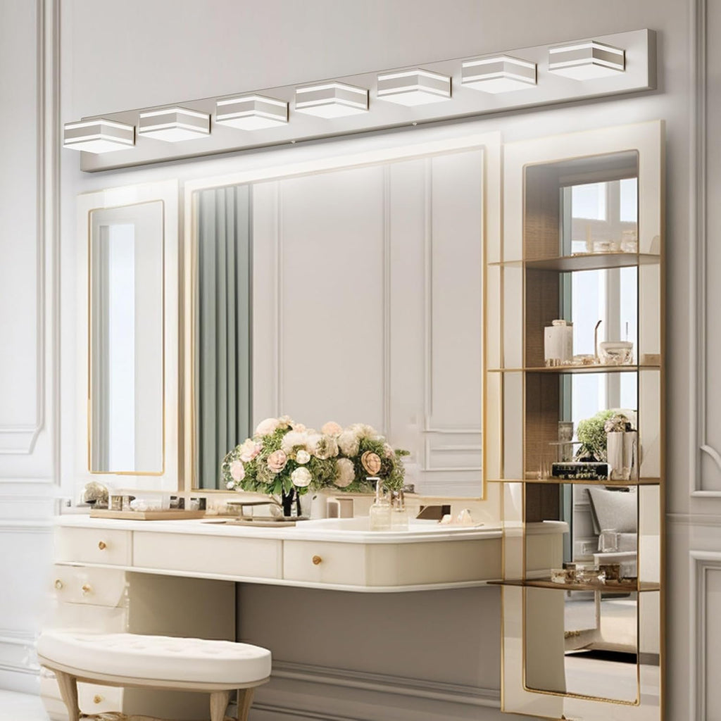 Ralbay 55inch Brushed Nickel Vanity Light for Bathroom 7-Light Metal Acrylic Modern LED Bathroom Light Fixtures