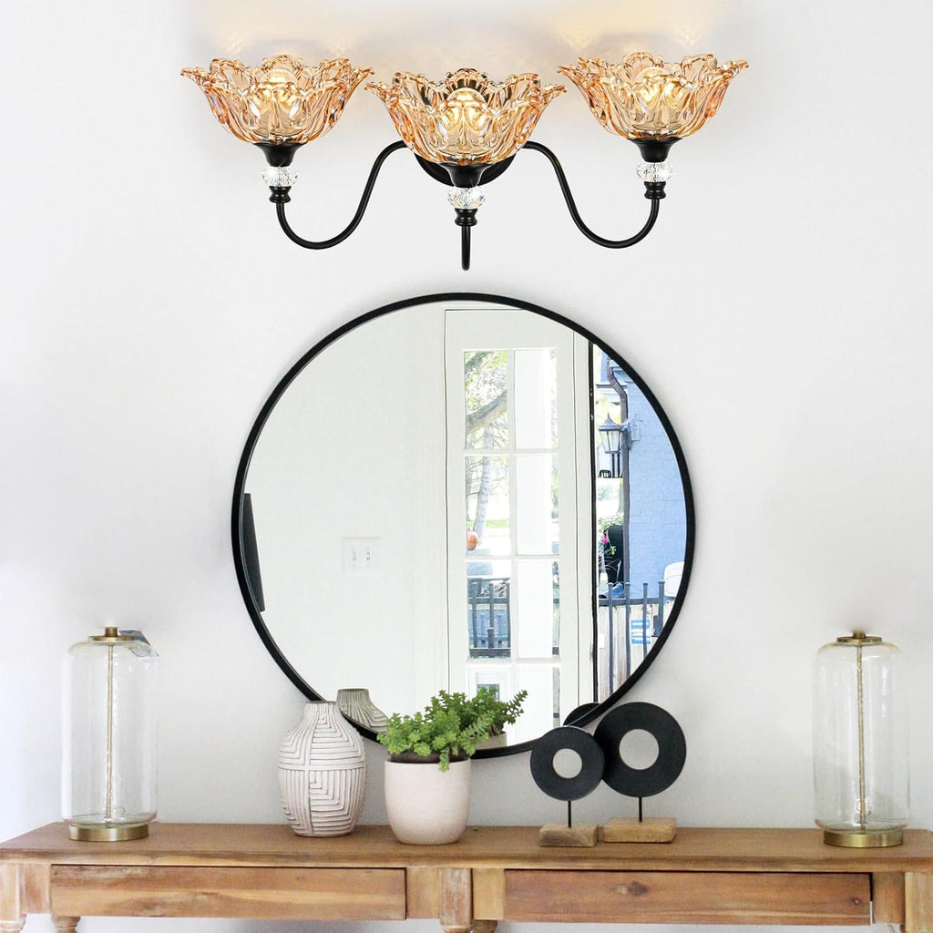 Black Bathroom Vanity Light,3-Light Vanity Light with Floral Amber Glass Shades,Vintage Farmhouse Wall Mount Lighting for Bathroom, Dressing Table
