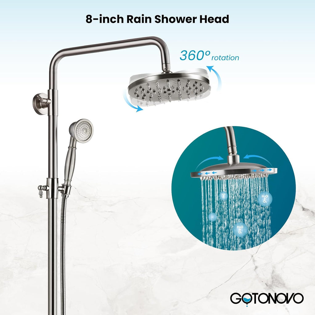 gotonovo Exposed Bathroom Shower Faucet Set Shower Fixture 8 Inch Rainfall Shower Head Handheld Shower Cross Handle Wall Mount 2 Functions Brushed Nickel